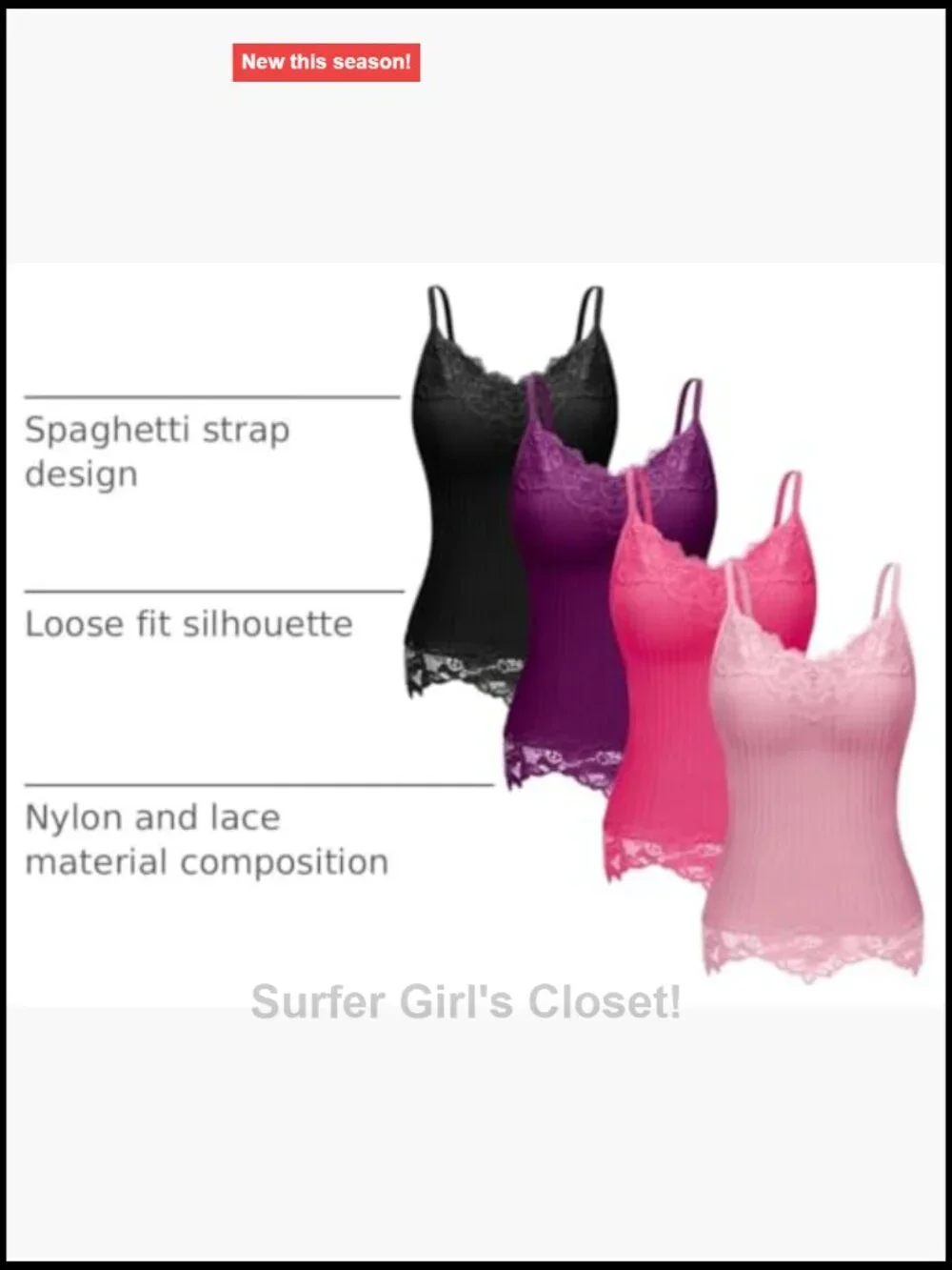 Women's Long Lace Tank Top Camisole Spaghetti Strap V-Neck Sleeveless 4 Pack